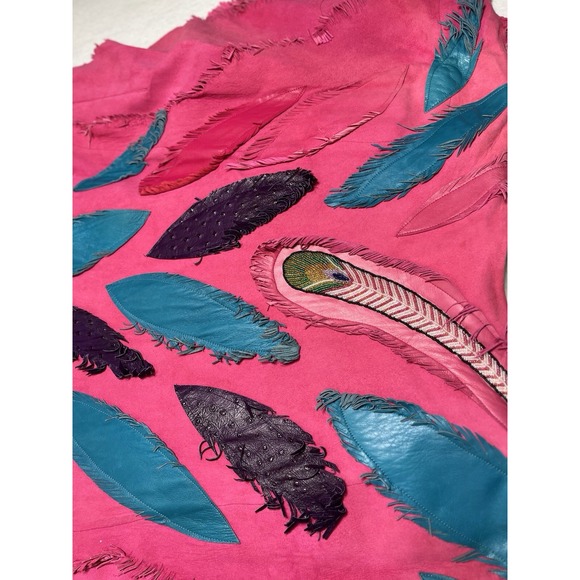 Vintage Coat Womens XL Laise Adzer Pink Leather Feather Fringe Maxi Vest Duster - Picture 16 of 16